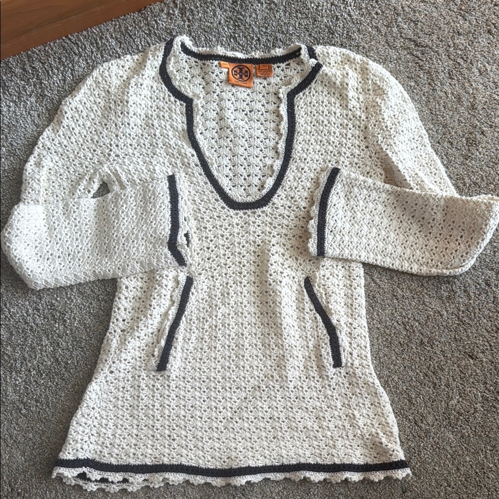 Tory Burch Ivory Crochet Tunic with Navy Trim